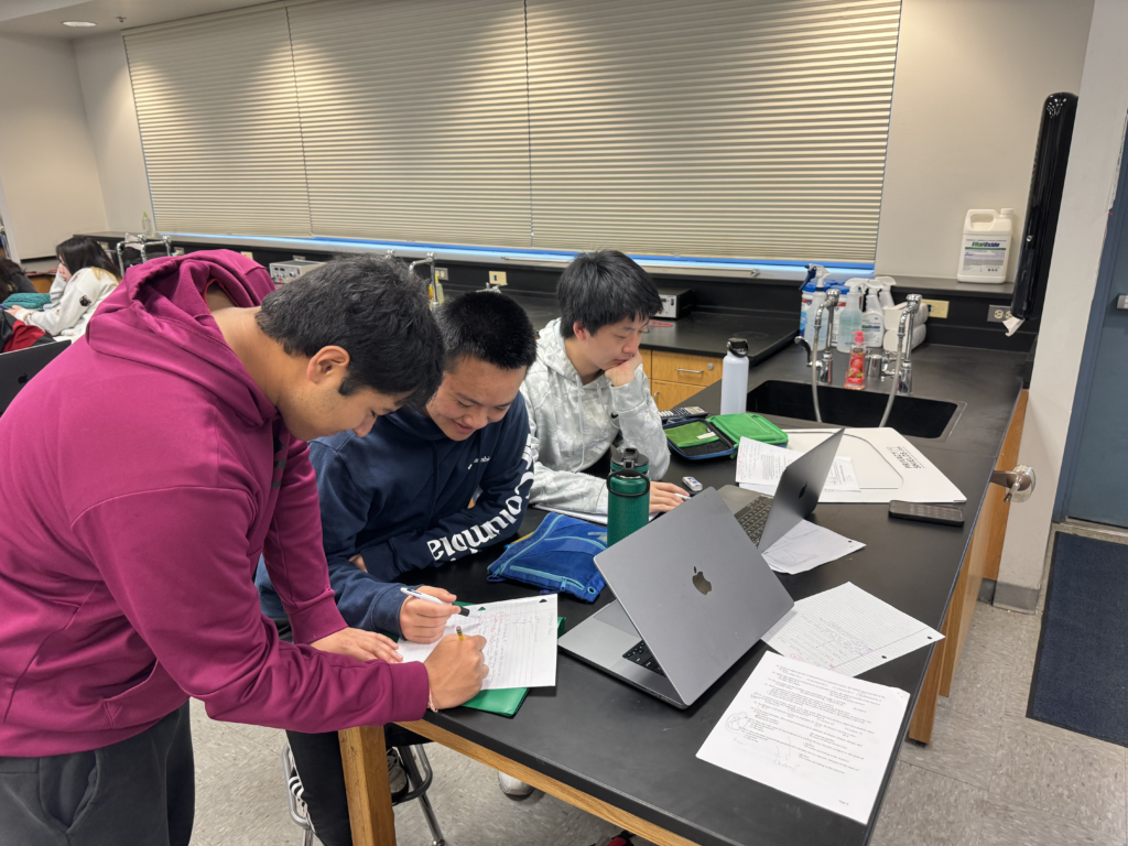 Juniors Akshat Bora, Alan Cai and Benjamin Kuo working together on their project.