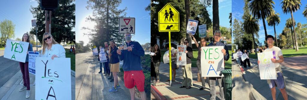 Photos of teachers from both Saratoga High School and Los Gatos High School Campaigning to support Measure A