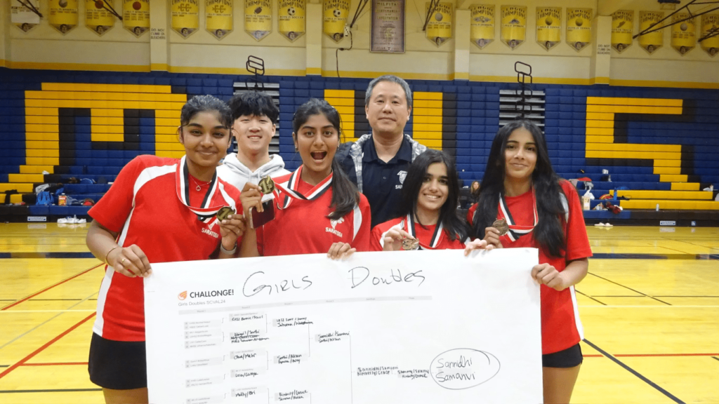 Samanvi (far left) and other varsity girls after winning medals at league finals on May 4.