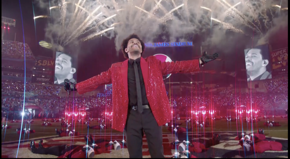 The Weeknd performing at Super Bowl LV in 2021.