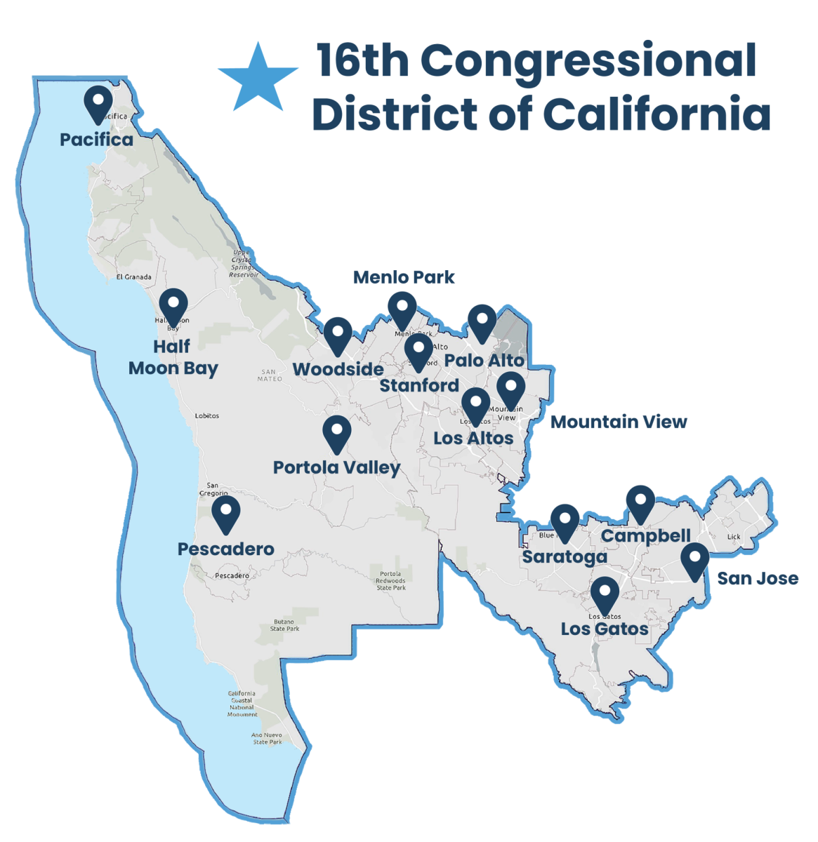 A map of the 16th District, which includes Saratoga.