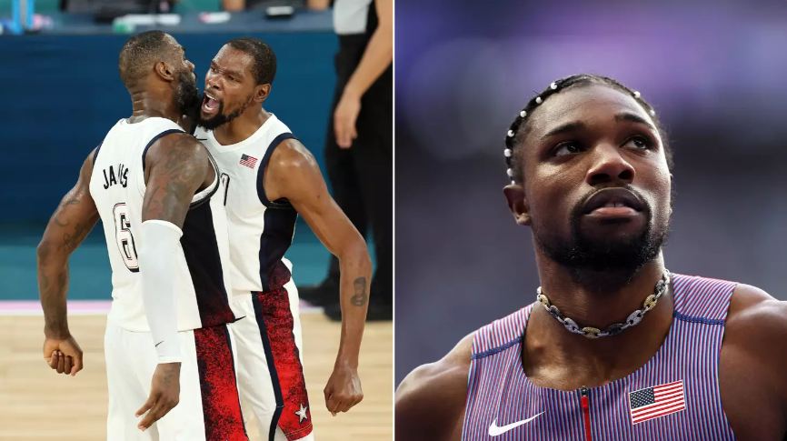 NBA stars LeBron James and Kevin Durant next to a portrait of Noah Lyles