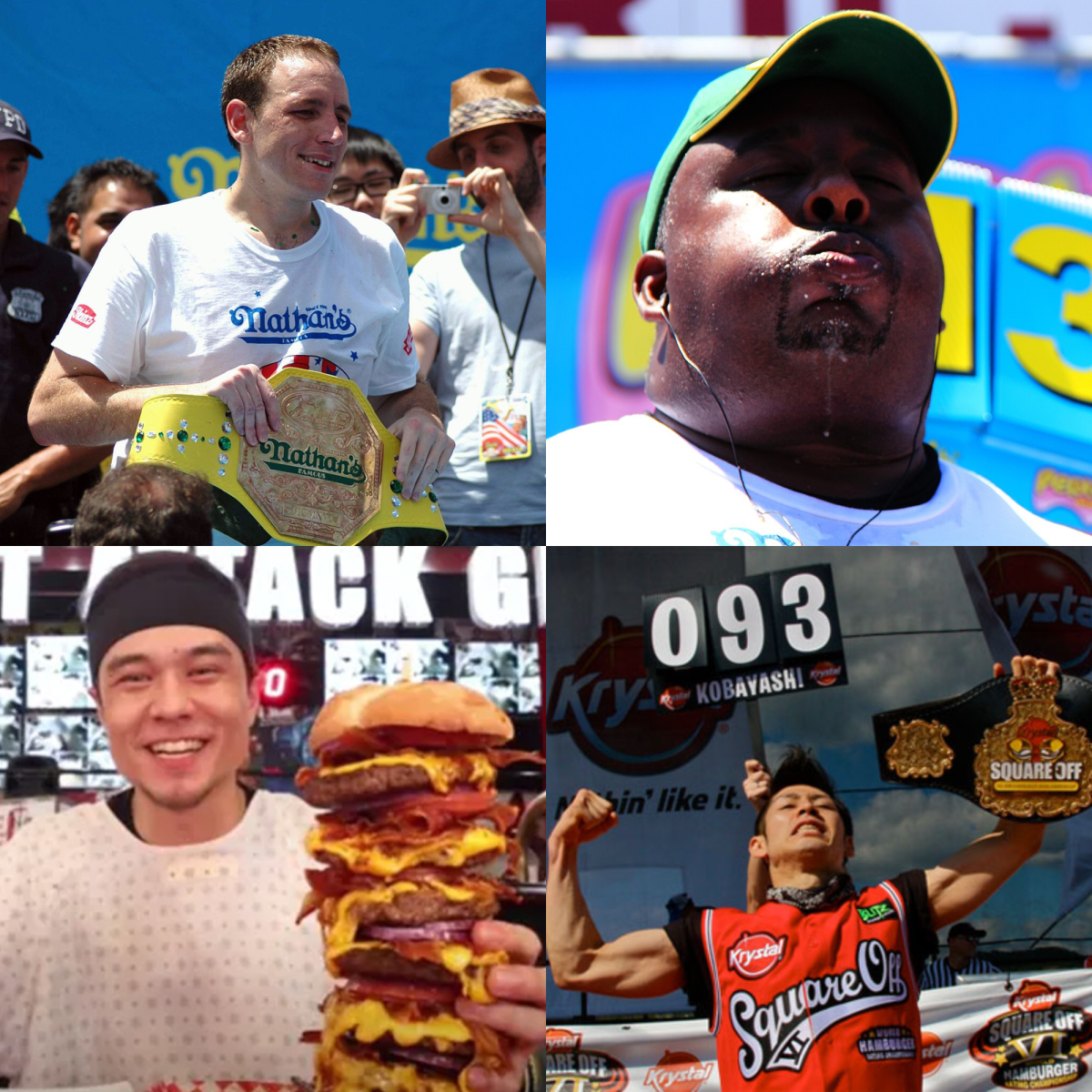 Clockwise from top left: Joey Chestnut, Eric “Badlands” Booker, Takeru Kobayashi and Matt Stonie