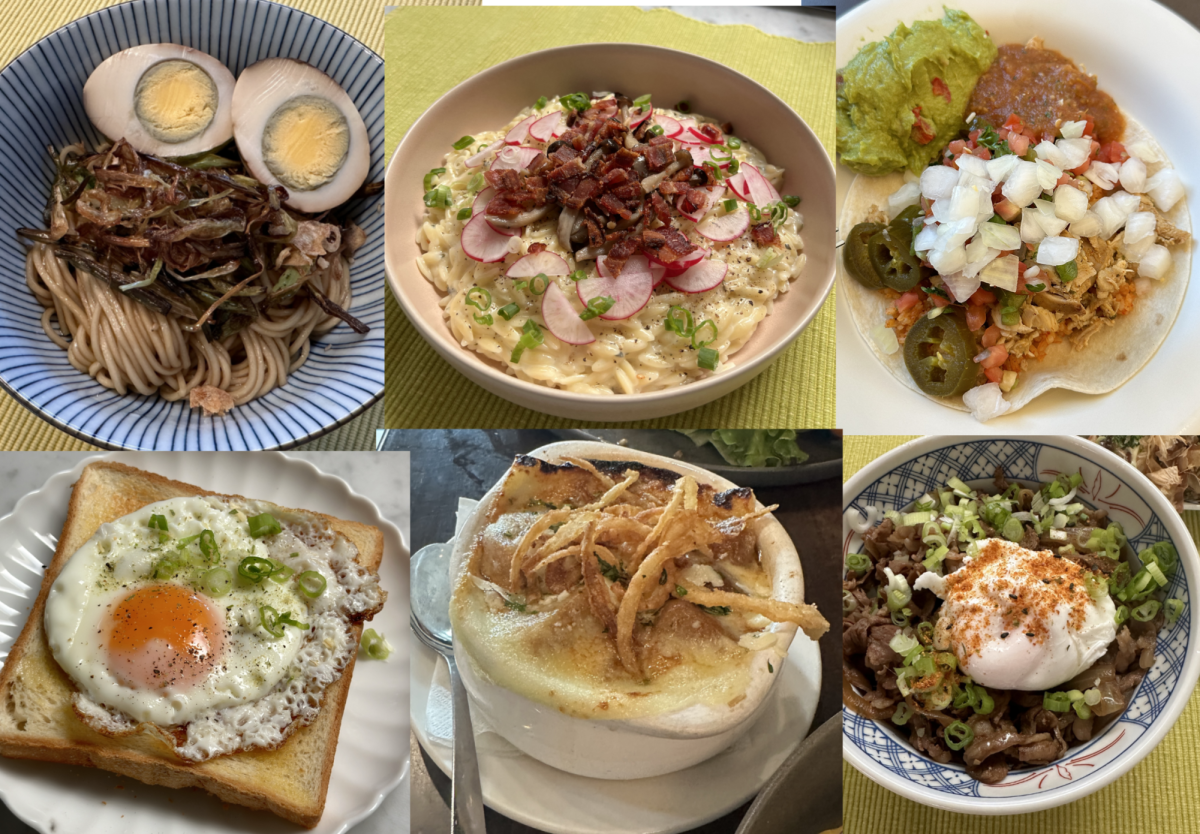 A collection of onion-filled noodles, pasta, tacos, bread, soups and rice bowls.