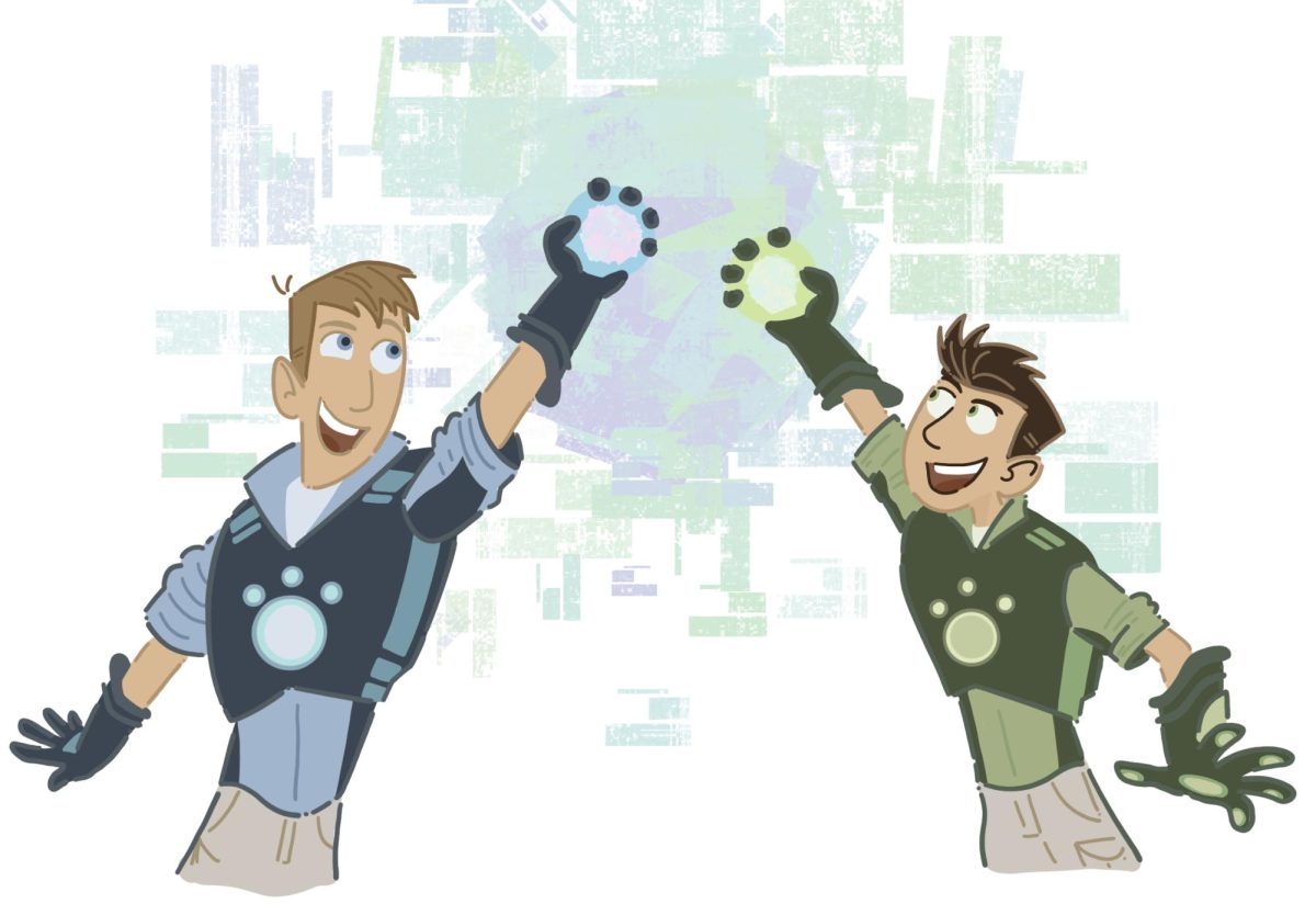 Kratt brothers, Chris and Martin, hold their creature power discs.