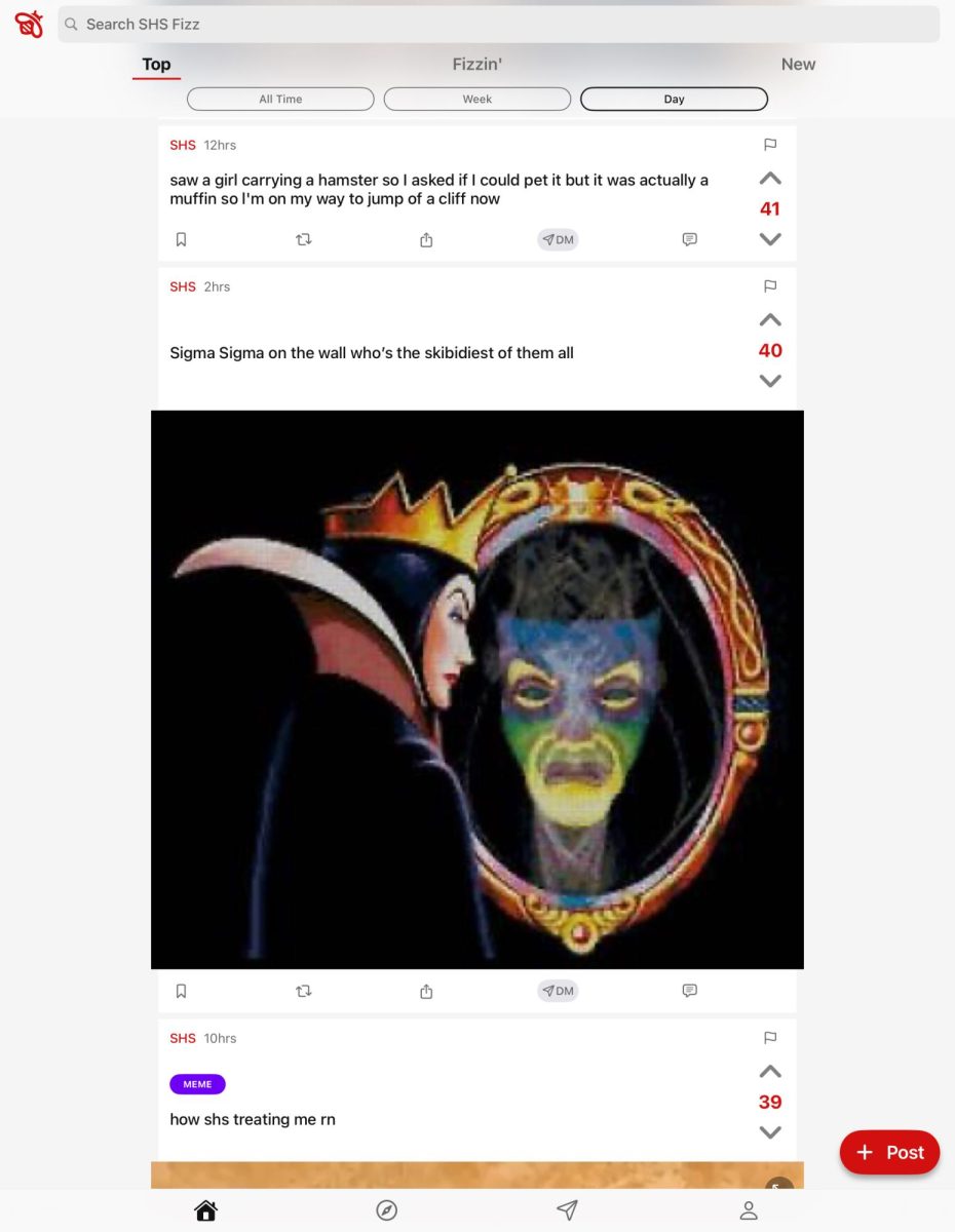 A screenshot of SHS Fizz where students post content ranging from academics to shower thoughts