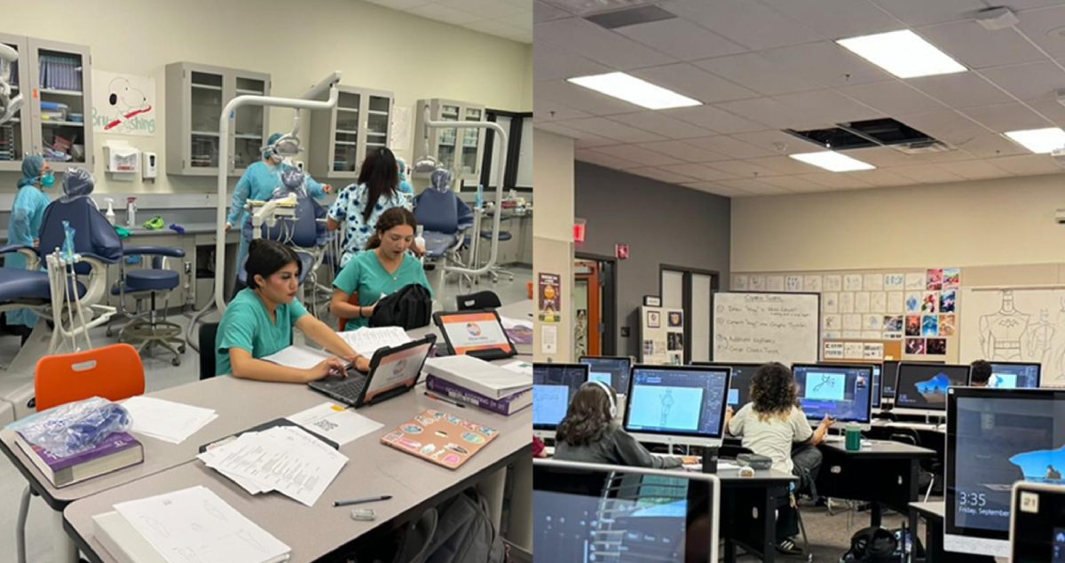 On the left, the students in Neha Tadikamalla’s Dental Assisting course study. On the right, Lisa Chow and her classmates are in the Animation class. 
