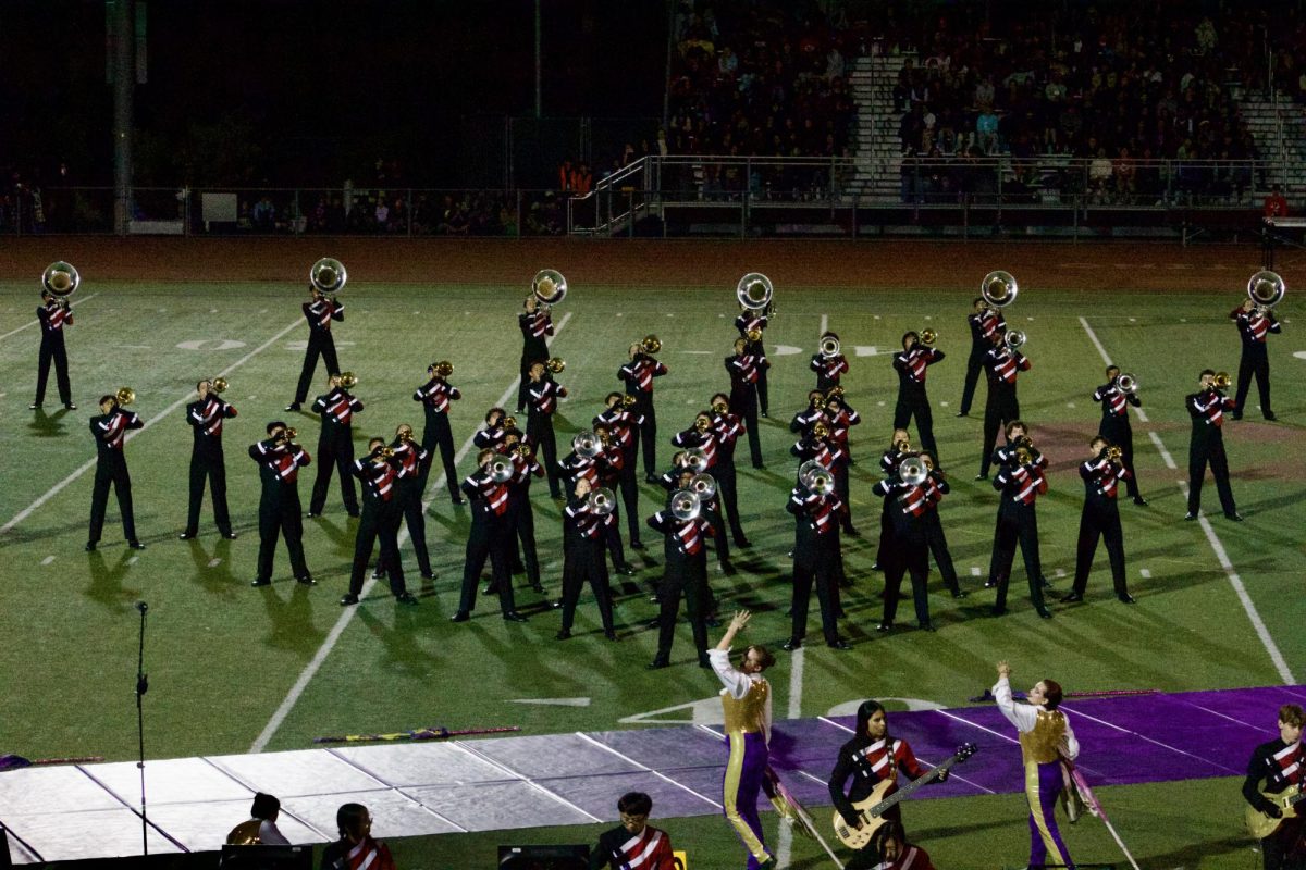 Students in the marching band and color guard perform their show “The Show Must Go On” at the Oct. 26 Cupertino Tournament of Bands.
