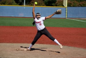 Senior Saira Ramakrishnan pitches for the Saratoga Falcons.