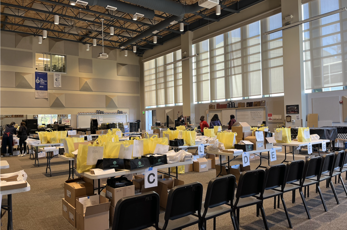 Band volunteer parents Beryl Liu and Dongni Chen set up the band room for cookie dough distribution on Nov. 15.