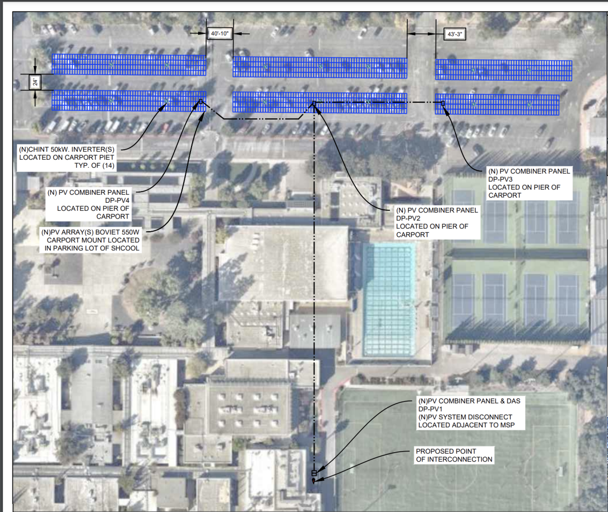 The chosen layout (out of two) plans for the installation of panels in the front parking lots.