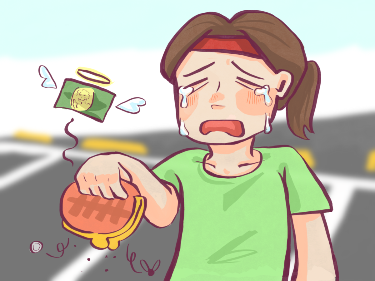 A girl cries as she realizes her wallet is empty. 
