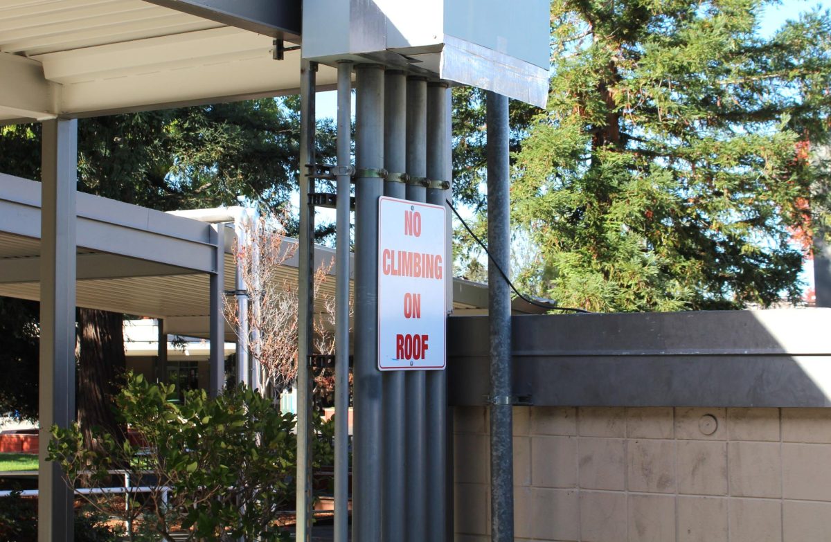 The“No climbing on roof” sign warns students near the library.
