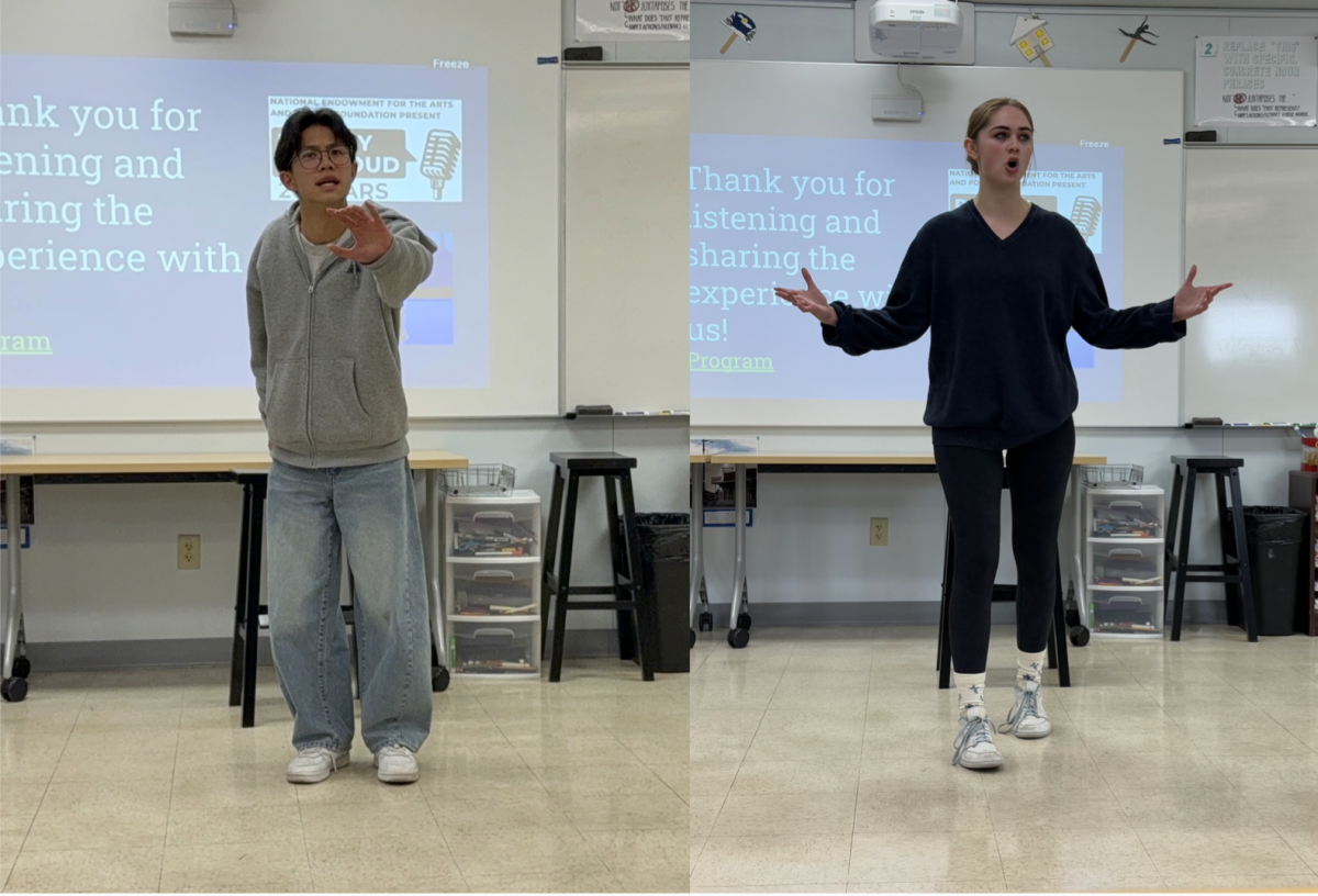 Senior Timothy Leung performs “Ways of Talking” by Ha Jin and junior Elizabeth Kline performs “Ozymandias” by Percy Bysshe Shelley.