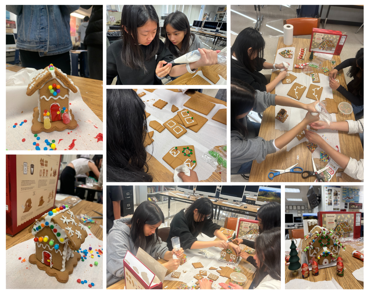 The seniors construct their gingerbread houses.
