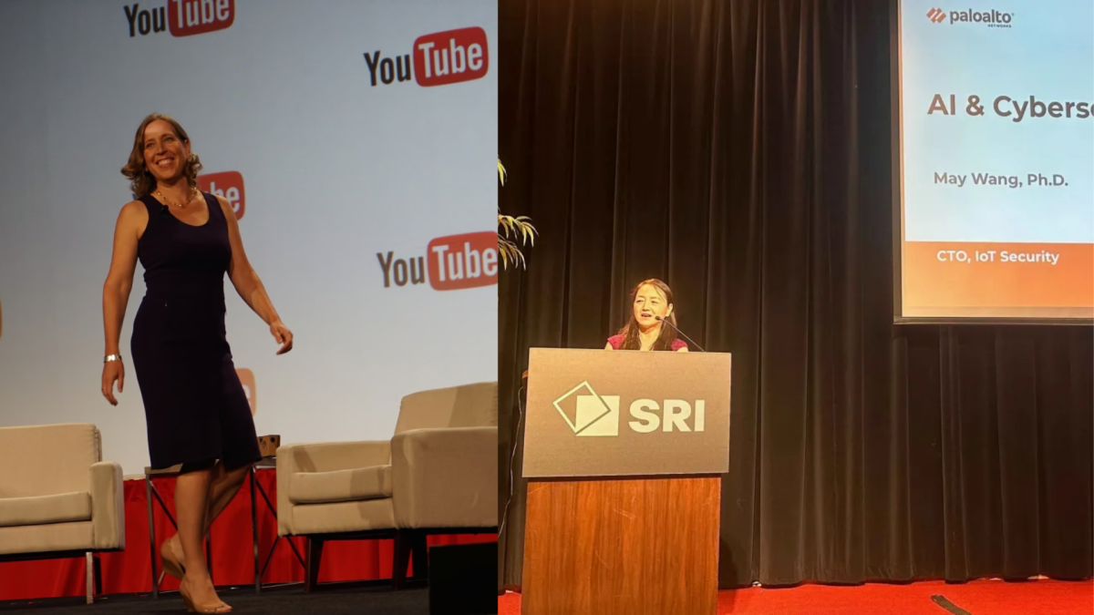 (Left) Susan Wojcicki before an interview, (Right) Saratoga parent May Wang during a talk