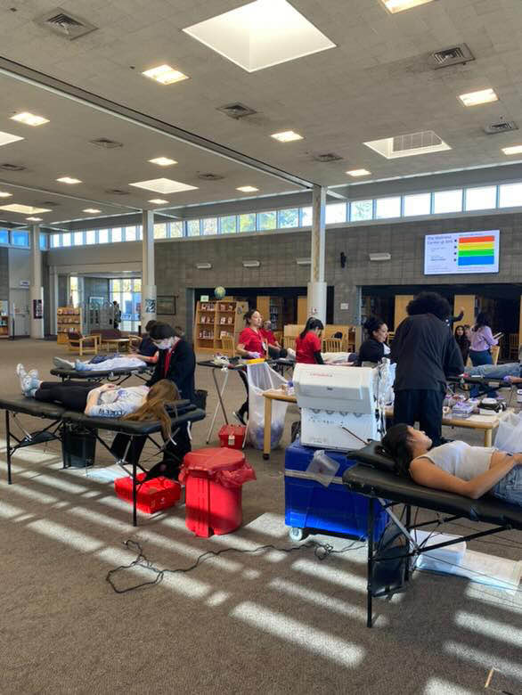 Students lay on elevated mattresses to get their blood drawn in the library.
