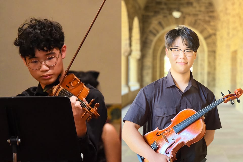 Wang and Kim hold their instruments.