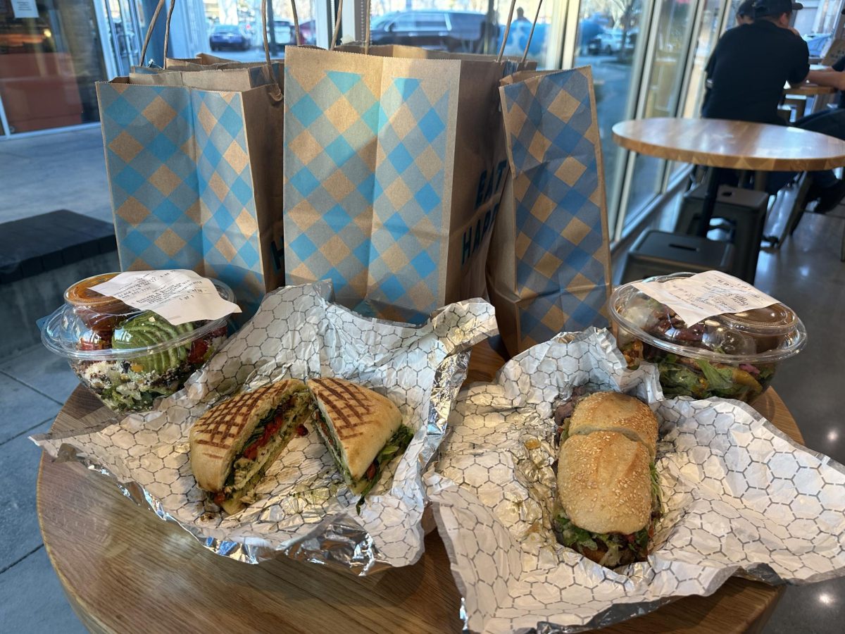 Our food spread, featuring Mendocino’s baby blue paper bag. 