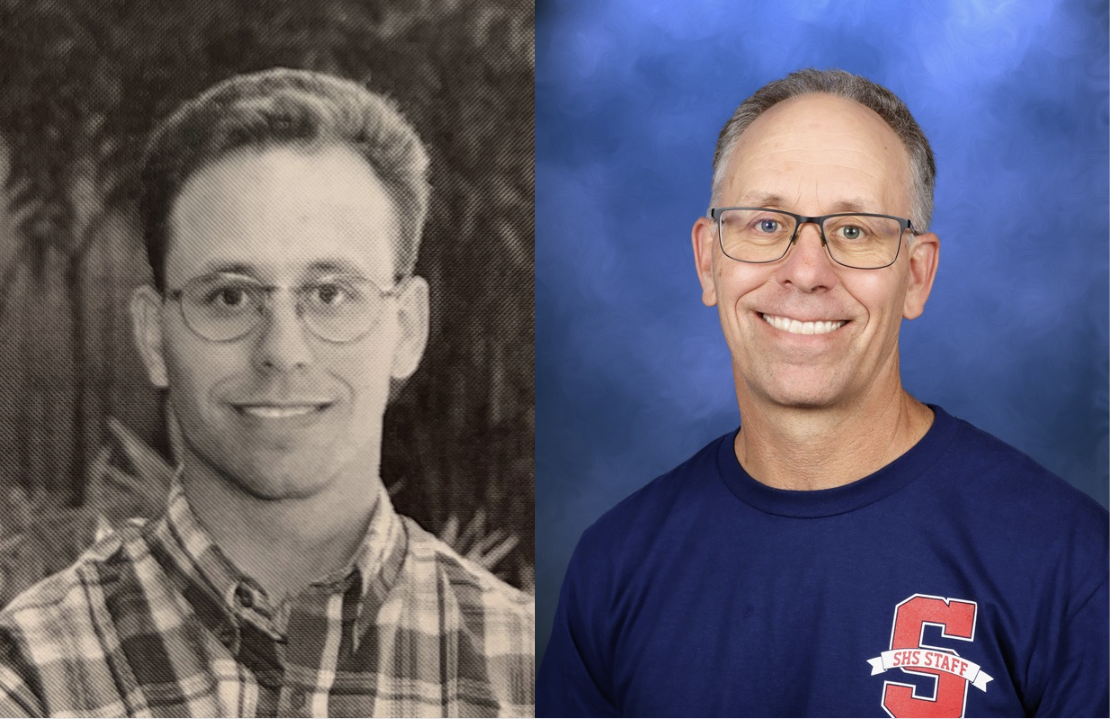 For nearly three decades, Mr. Tyler’s mugshots have looked so similar, yet so different. The one on the left is from 1996, his first year teaching here; the one on the right is from earlier this year.