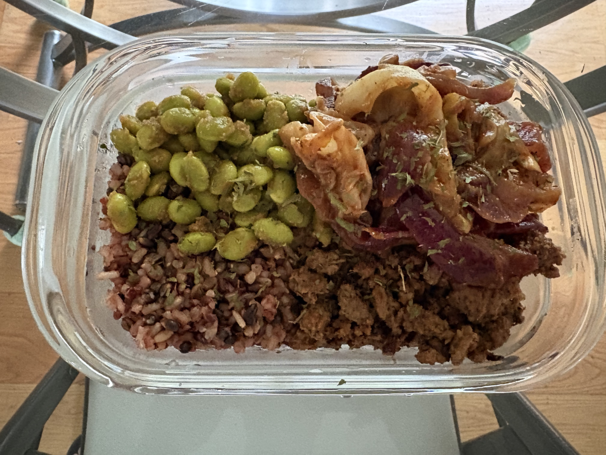 My prepped meal of ground beef, purple rice, green beans, red onions and cabbage.