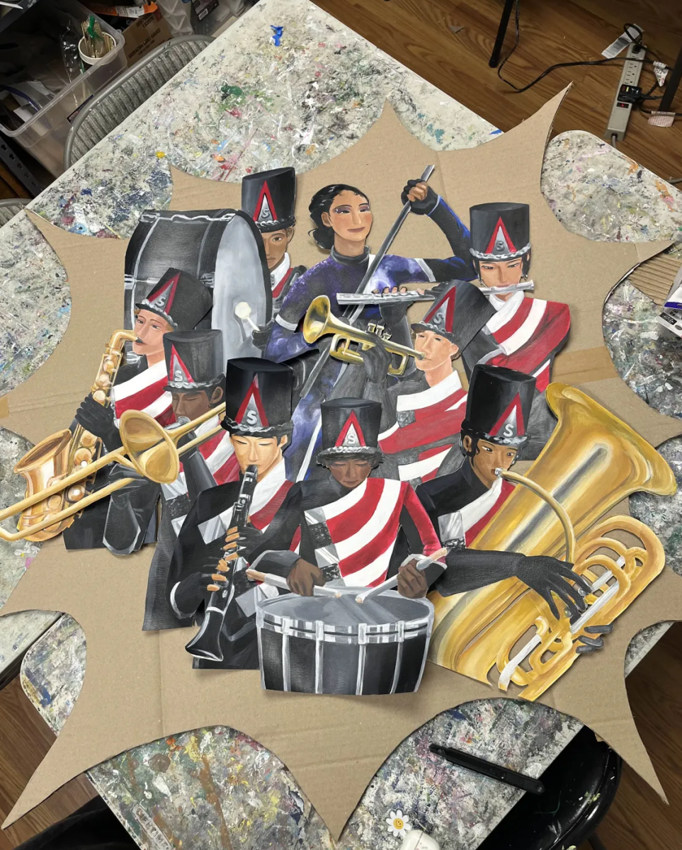 The marching band and color guard artwork, created by junior Clara Choi and other YOS members, will soon be added to the first floor of the music building.