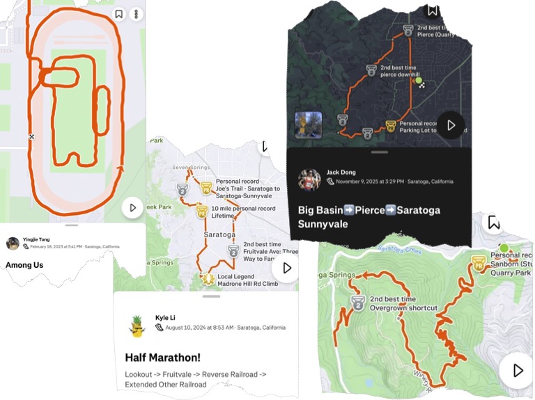 Strava screenshots from varsity cross country runners senior Kyle Li, Jack Dong and Jack Tong.