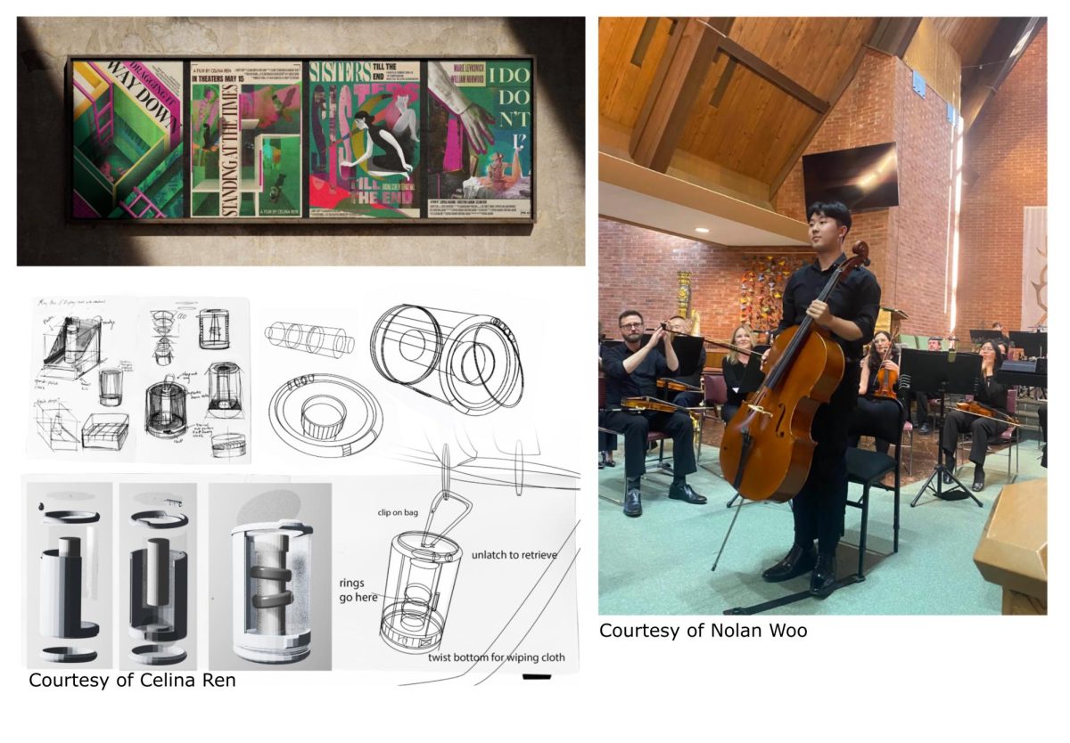 Senior Celina Ren submitted design pieces including “Now Showing” (top) and “Halocase” (bottom), while senior Nolan Woo submitted cello pieces.