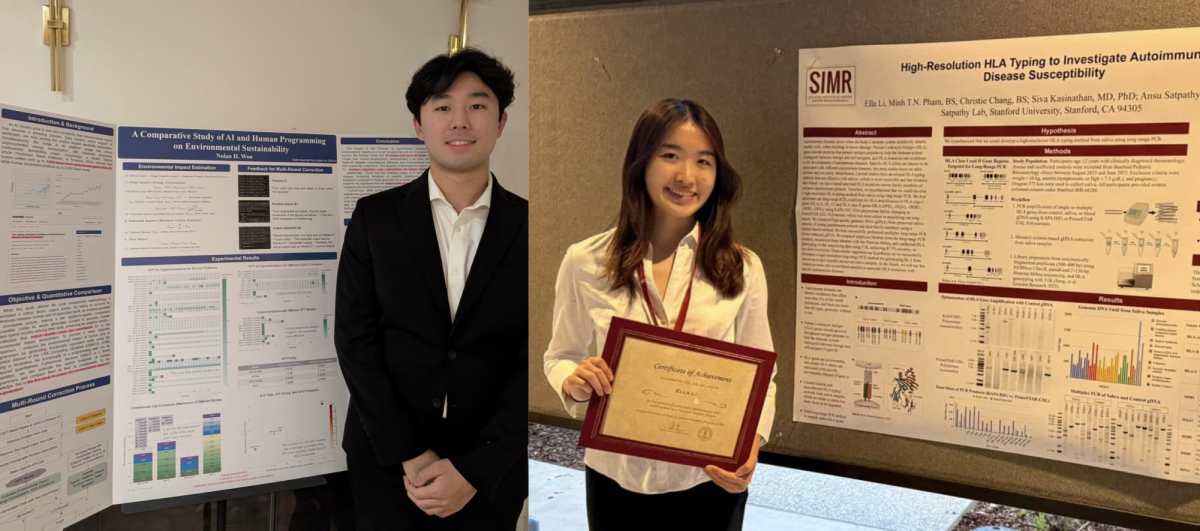 Nolan Woo and Ella Li in front of their research posters.