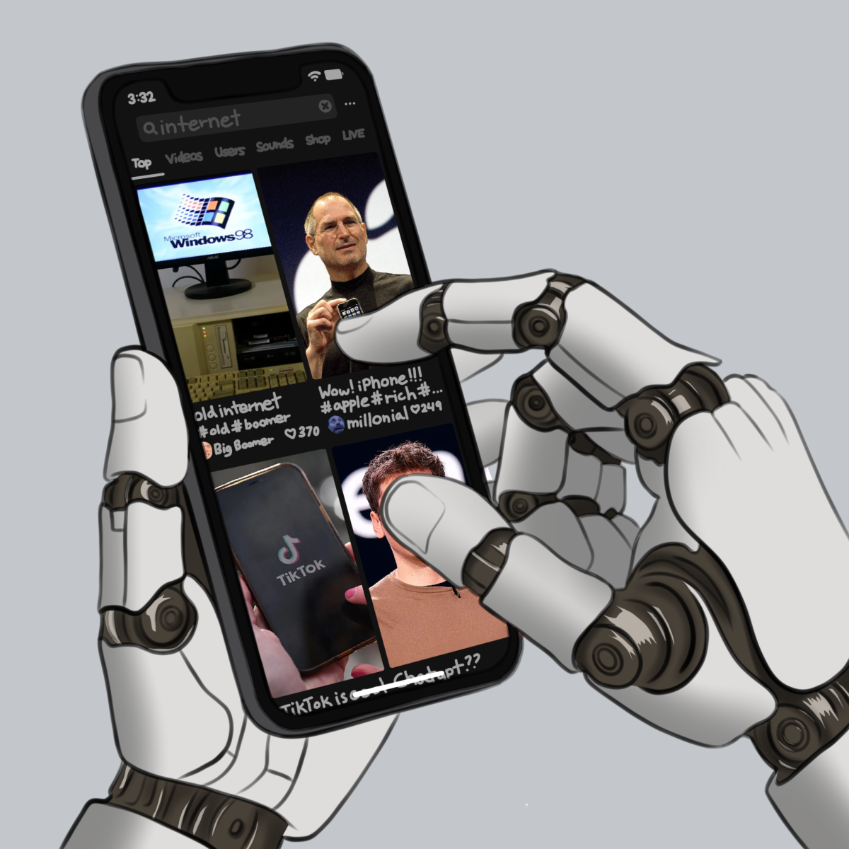 A robotic hand scrolls on a phone, revealing how the internet now thrives on a single handheld device.