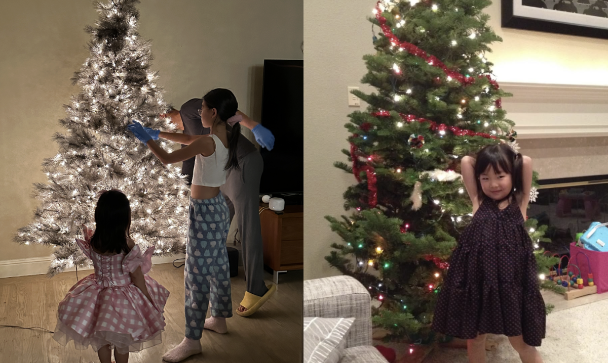 On the right: my sisters setting up the Christmas tree, On the left: me next to the tree as a toddler.