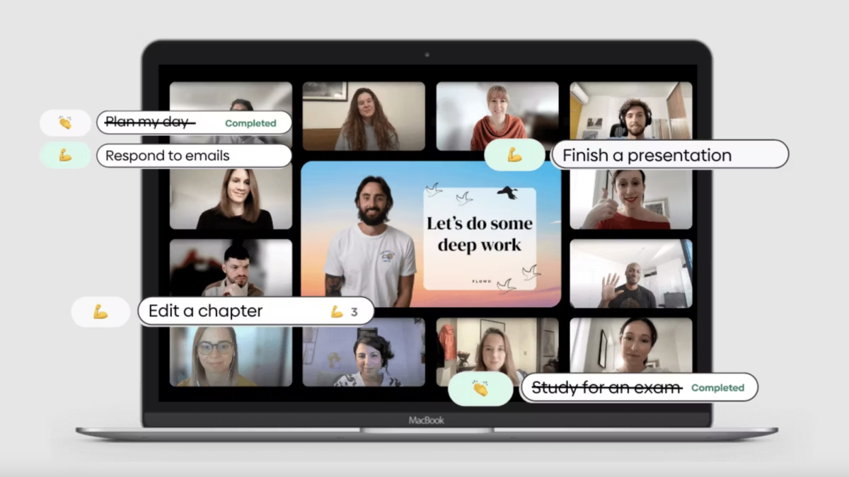 The virtual coworking space of a drop-in session in FLOWN.