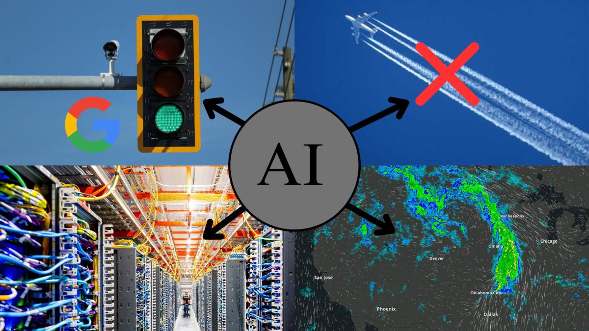 AI can optimize traffic cycles, reduce airplanes’ contrails, optimize weather forecasting and even reduce data center cooling energy.