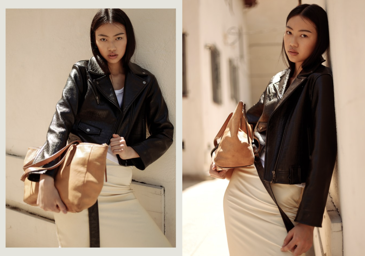  Courtesy of Marta Traskevych
Grace Lin poses with leather jacket and bag in LA for a photoshoot.
